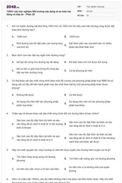 1000+ câu trắc nghiệm Môi trường xây dựng và an toàn lao động có đáp án - Phần 30