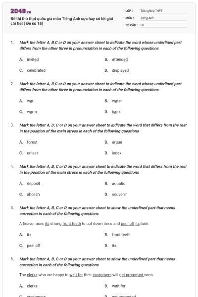 Đề thi thử thpt quốc gia môn Tiếng Anh cực hay có lời giải chi tiết ( Đề số 18)