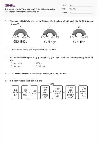Bài tập hàng ngày Tiếng Việt lớp 3 Chân trời sáng tạo Bài 2: Lắng nghe những ước mơ có đáp án
