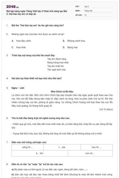 Bài tập hàng ngày Tiếng Việt lớp 3 Chân trời sáng tạo Bài 3: Hai bàn tay em có đáp án