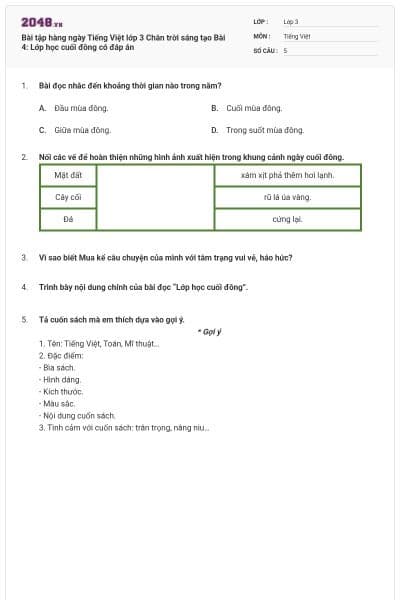 Bài tập hàng ngày Tiếng Việt lớp 3 Chân trời sáng tạo Bài 4: Lớp học cuối đông có đáp án