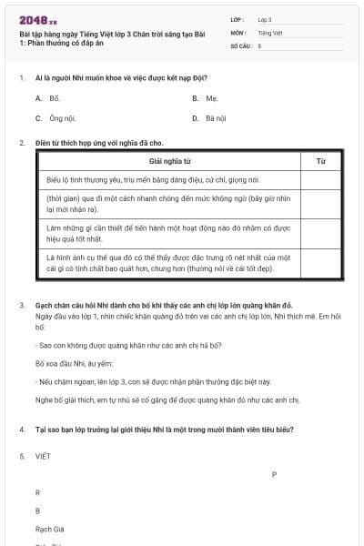 Bài tập hàng ngày Tiếng Việt lớp 3 Chân trời sáng tạo Bài 1: Phần thưởng có đáp án
