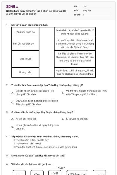 Bài tập hàng ngày Tiếng Việt lớp 3 Chân trời sáng tạo Bài 2: Đơn xin vào Đội có đáp án