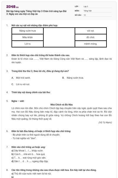 Bài tập hàng ngày Tiếng Việt lớp 3 Chân trời sáng tạo Bài 3: Ngày em vào Đội có đáp án