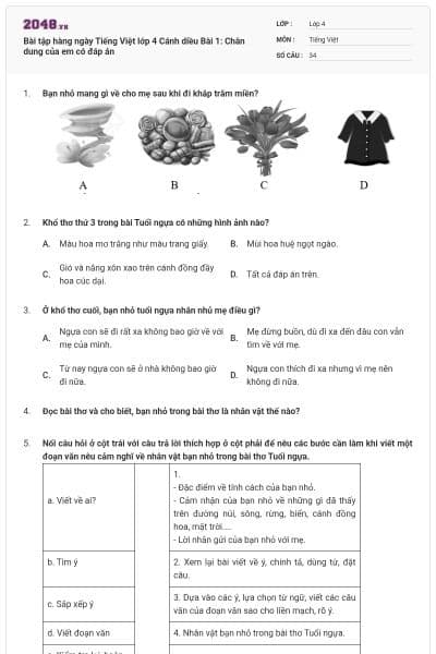Bài tập hàng ngày Tiếng Việt lớp 4 Cánh diều Bài 1: Chân dung của em có đáp án