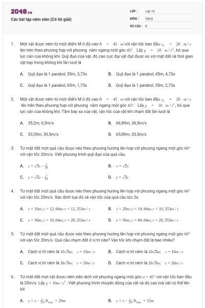 Các bài tập ném xiên (Có lời giải)