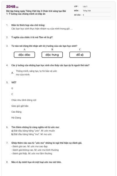 Bài tập hàng ngày Tiếng Việt lớp 3 Chân trời sáng tạo Bài 1: Ý tưởng của chúng mình có đáp án