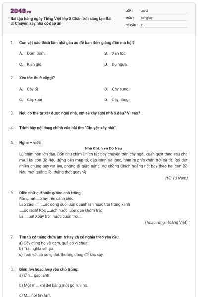 Bài tập hàng ngày Tiếng Việt lớp 3 Chân trời sáng tạo Bài 3: Chuyện xây nhà có đáp án