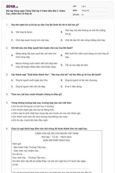 Bài tập hàng ngày Tiếng Việt lớp 4 Cánh diều Bài 2: Chăm học, chăm làm có đáp án