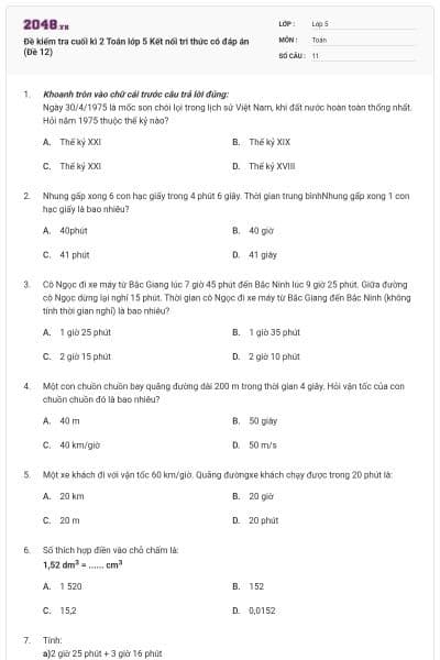 Đề kiểm tra cuối kì 2 Toán lớp 5 Kết nối tri thức có đáp án (Đề 12)