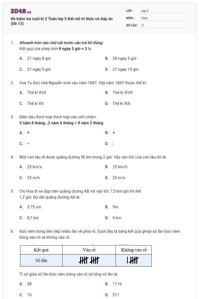 Đề kiểm tra cuối kì 2 Toán lớp 5 Kết nối tri thức có đáp án (Đề 13)