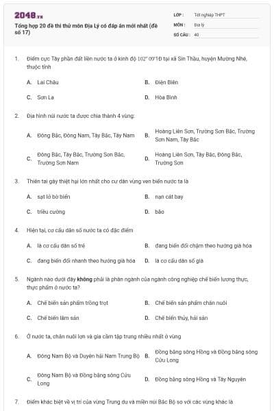 Tổng hợp 20 đề thi thử môn Địa Lý có đáp án mới nhất (đề số 17)