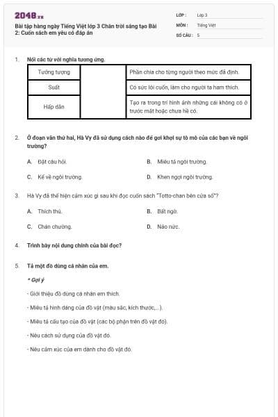 Bài tập hàng ngày Tiếng Việt lớp 3 Chân trời sáng tạo Bài 2: Cuốn sách em yêu có đáp án