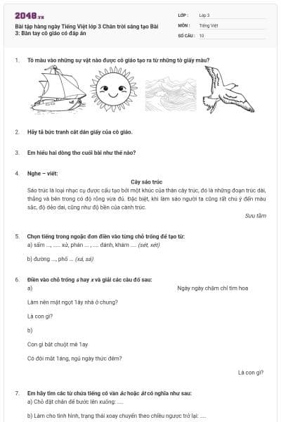 Bài tập hàng ngày Tiếng Việt lớp 3 Chân trời sáng tạo Bài 3: Bàn tay cô giáo có đáp án