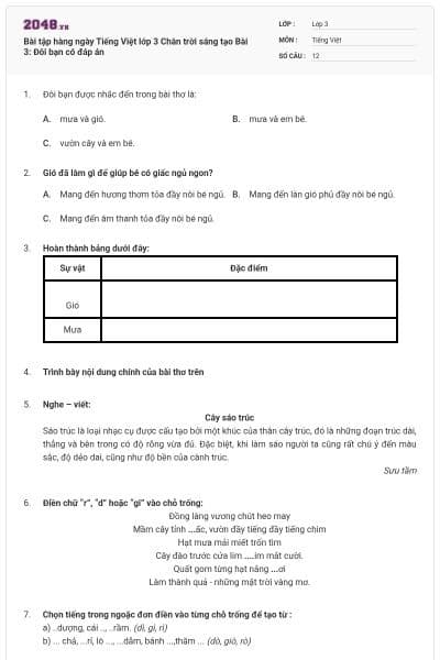 Bài tập hàng ngày Tiếng Việt lớp 3 Chân trời sáng tạo Bài 3: Đôi bạn có đáp án