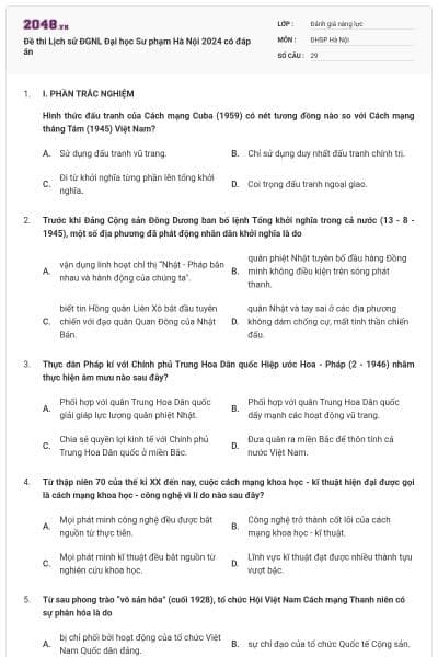 Đề thi Lịch sử ĐGNL Đại học Sư phạm Hà Nội 2024 có đáp án