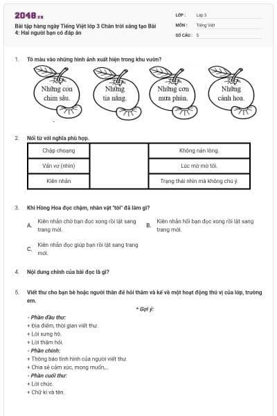 Bài tập hàng ngày Tiếng Việt lớp 3 Chân trời sáng tạo Bài 4: Hai người bạn có đáp án