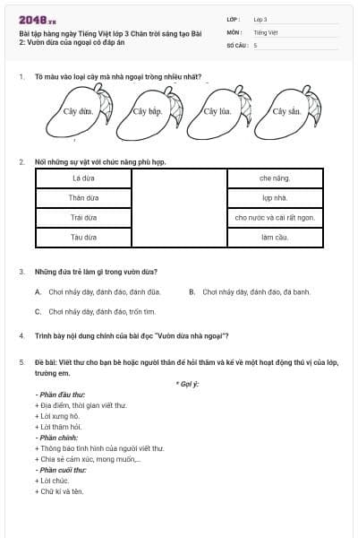 Bài tập hàng ngày Tiếng Việt lớp 3 Chân trời sáng tạo Bài 2: Vườn dừa của ngoại có đáp án