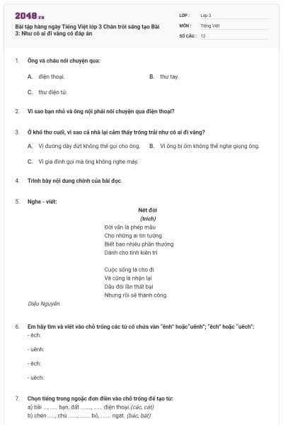 Bài tập hàng ngày Tiếng Việt lớp 3 Chân trời sáng tạo Bài 3: Như có ai đi vắng có đáp án