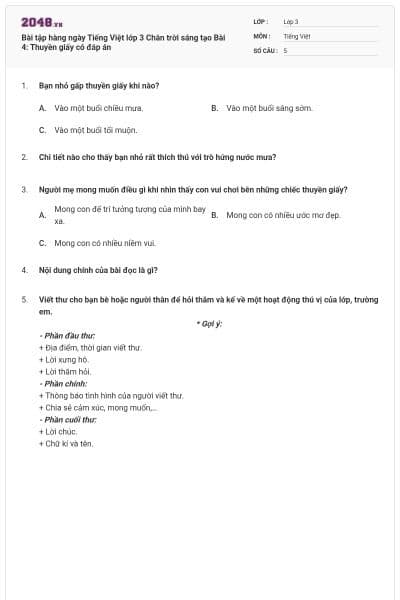 Bài tập hàng ngày Tiếng Việt lớp 3 Chân trời sáng tạo Bài 4: Thuyền giấy có đáp án