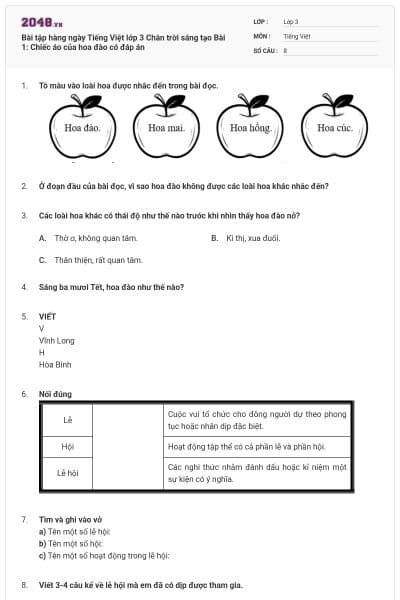 Bài tập hàng ngày Tiếng Việt lớp 3 Chân trời sáng tạo Bài 1: Chiếc áo của hoa đào có đáp án