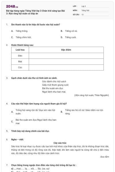 Bài tập hàng ngày Tiếng Việt lớp 3 Chân trời sáng tạo Bài 3: Rộn ràng hội xuân có đáp án