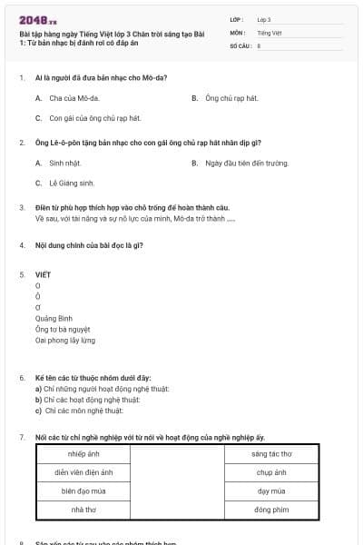 Bài tập hàng ngày Tiếng Việt lớp 3 Chân trời sáng tạo Bài 1: Từ bản nhạc bị đánh rơi có đáp án