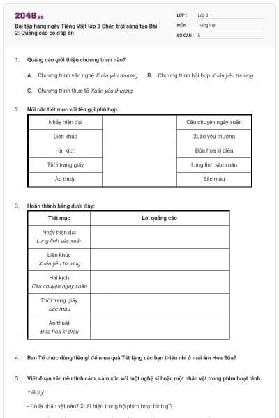 Bài tập hàng ngày Tiếng Việt lớp 3 Chân trời sáng tạo Bài 2: Quảng cáo có đáp án