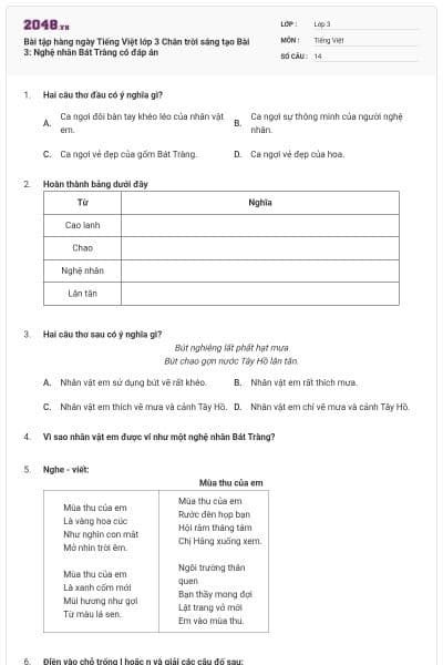 Bài tập hàng ngày Tiếng Việt lớp 3 Chân trời sáng tạo Bài 3: Nghệ nhân Bát Tràng có đáp án