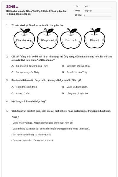 Bài tập hàng ngày Tiếng Việt lớp 3 Chân trời sáng tạo Bài 4: Tiếng đàn có đáp án