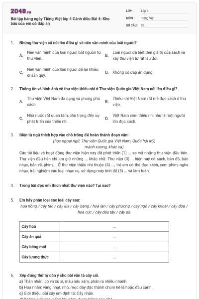 Bài tập hàng ngày Tiếng Việt lớp 4 Cánh diều Bài 4: Kho báu của em có đáp án