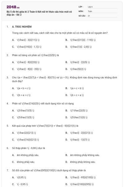 Bộ 5 đề thi giữa kì 2 Toán 6 Kết nối tri thức cấu trúc mới có đáp án - Đề 2