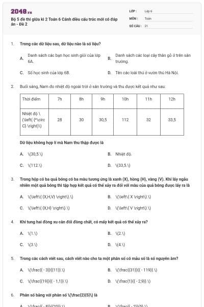 Bộ 5 đề thi giữa kì 2 Toán 6 Cánh diều cấu trúc mới có đáp án - Đề 2