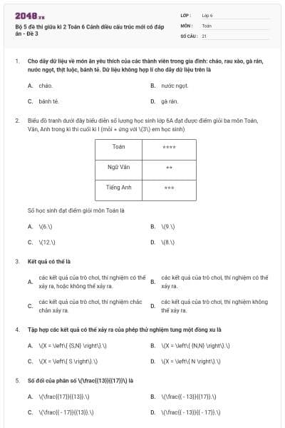 Bộ 5 đề thi giữa kì 2 Toán 6 Cánh diều cấu trúc mới có đáp án - Đề 3