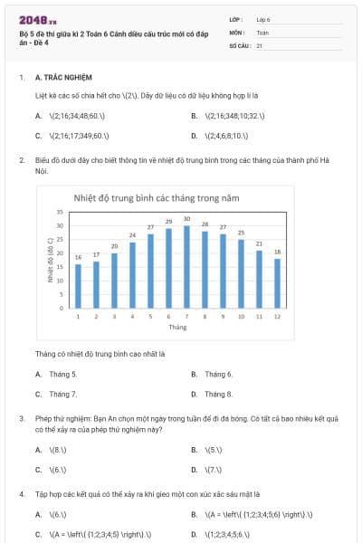 Bộ 5 đề thi giữa kì 2 Toán 6 Cánh diều cấu trúc mới có đáp án - Đề 4