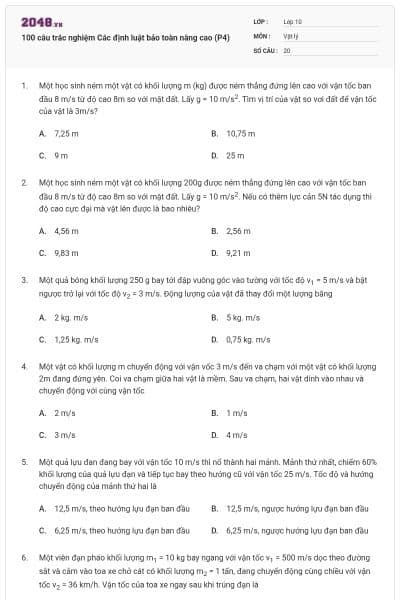 100 câu trắc nghiệm Các định luật bảo toàn nâng cao (P4)