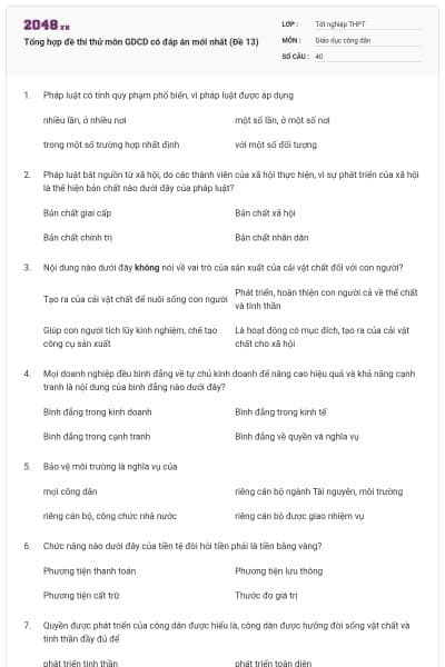 Tổng hợp đề thi thử môn GDCD có đáp án mới nhất (Đề 13)