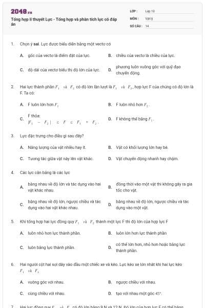 Tổng hợp lí thuyết Lực - Tổng hợp và phân tích lực có đáp án