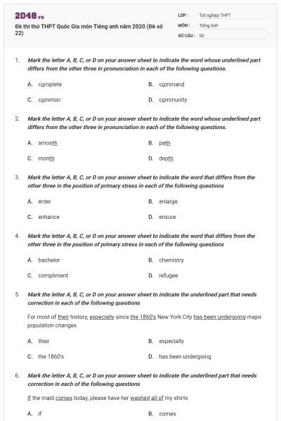 Đề thi thử THPT Quốc Gia môn Tiếng anh năm 2020 (Đề số 22)