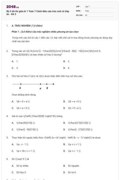 Bộ 5 đề thi giữa kì 1 Toán 7 Cánh diều cấu trúc mới có đáp án - Đề 3