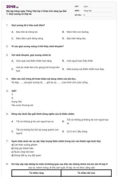 Bài tập hàng ngày Tiếng Việt lớp 3 Chân trời sáng tạo Bài 1: Giọt sương có đáp án
