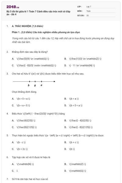 Bộ 5 đề thi giữa kì 1 Toán 7 Cánh diều cấu trúc mới có đáp án - Đề 4
