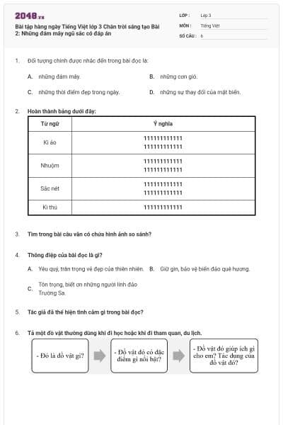 Bài tập hàng ngày Tiếng Việt lớp 3 Chân trời sáng tạo Bài 2: Những đám mây ngũ sắc có đáp án