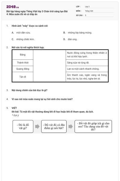 Bài tập hàng ngày Tiếng Việt lớp 3 Chân trời sáng tạo Bài 4: Mùa xuân đã về có đáp án
