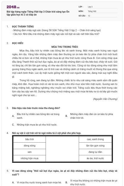 Bài tập hàng ngày Tiếng Việt lớp 3 Chân trời sáng tạo Ôn tập giữa học kì 2 có đáp án