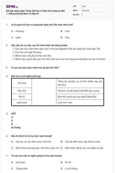 Bài tập hàng ngày Tiếng Việt lớp 3 Chân trời sáng tạo Bài 1: Nắng phương Nam có đáp án