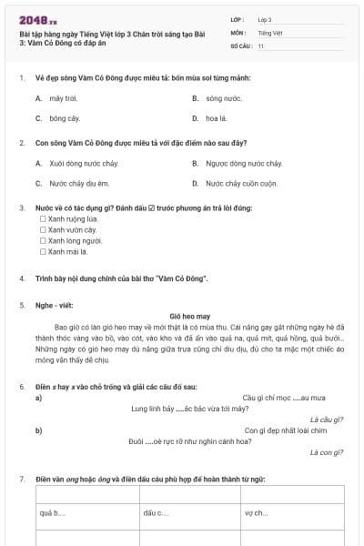 Bài tập hàng ngày Tiếng Việt lớp 3 Chân trời sáng tạo Bài 3: Vàm Cỏ Đông có đáp án