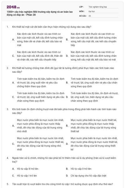 1000+ câu trắc nghiệm Môi trường xây dựng và an toàn lao động có đáp án - Phần 38