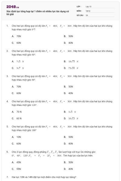 Xác định lực tổng hợp tại 1 điểm có nhiều lực tác dụng có lời giải