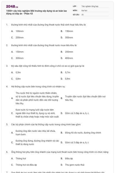 1000+ câu trắc nghiệm Môi trường xây dựng và an toàn lao động có đáp án - Phần 43